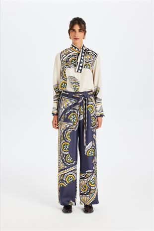 Lacivert Kemerli İpek Pantolon