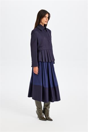 Lacivert Keten Pileli Ceket