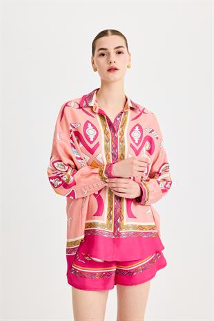 Oversize Zeugma İpek Pembe Gömlek