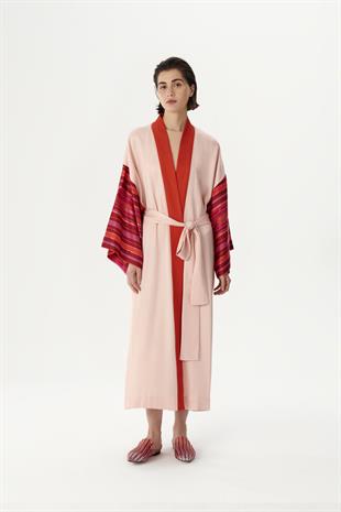 Pembe Keten Detaylı Kimono