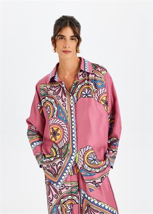Pembe Zeugma Desenli İpek Gömlek