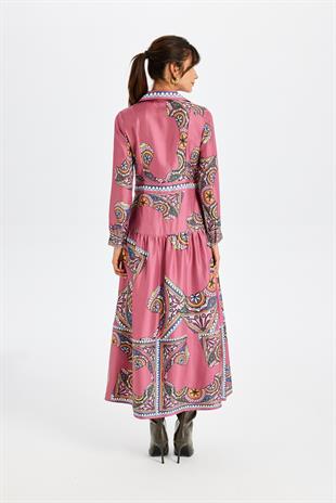 Pembe Zeugma Desenli Uzun Elbise
