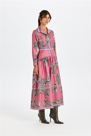 Pembe Zeugma Desenli Uzun Elbise