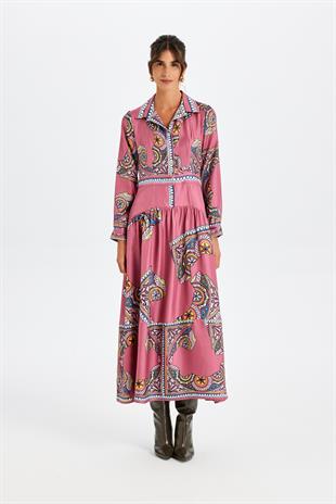 Pembe Zeugma Desenli Uzun Elbise