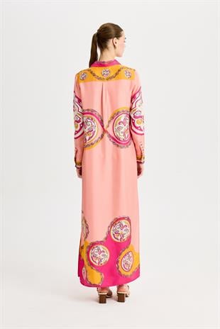 Pembe Zeugma Uzun İpek Gömlek Elbise