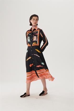 Siyah Desenli İpek Uzun Gömlek Elbise