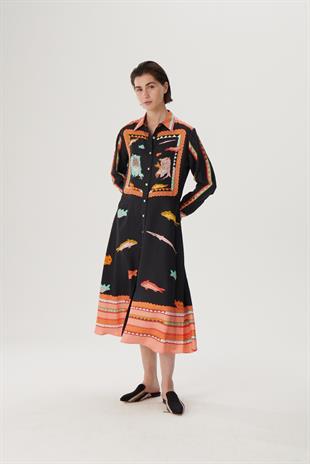 Siyah Desenli İpek Uzun Gömlek Elbise