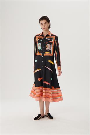Siyah Desenli İpek Uzun Gömlek Elbise