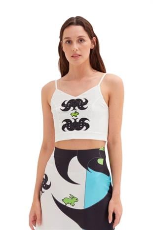 Tavşan Figürlü Beyaz Crop Üst