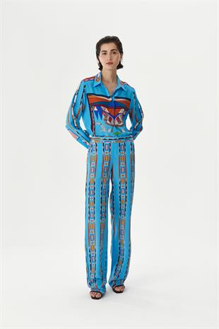 Turkuaz Desenli İpek Pantolon