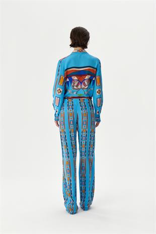 Turkuaz Desenli İpek Pantolon