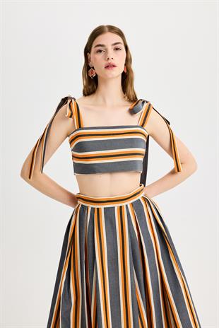 Turuncu Antrasit Omuz Bağcıklı Kutnu Crop Top