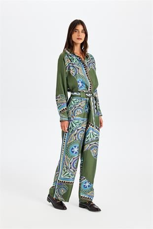 Yeşil Kemerli İpek Pantolon