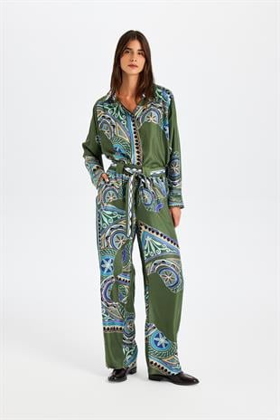 Yeşil Kemerli İpek Pantolon