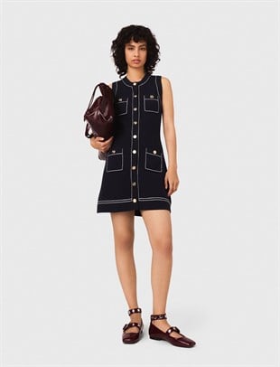 Altın Düğmeli Kontrast Dikişli Mini Triko Elbise