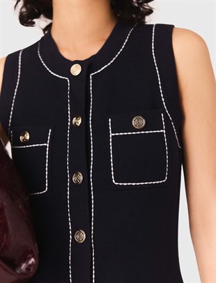 Altın Düğmeli Kontrast Dikişli Mini Triko Elbise