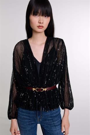 Belden Bağlamalı Payetli Bluz