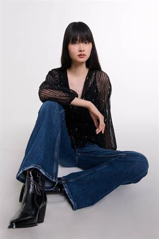 Belden Bağlamalı Payetli Bluz