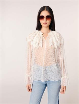 Beyaz dantel transparan bluz