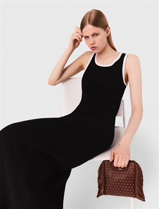 Beyaz Geçişli Uzun Triko Elbise