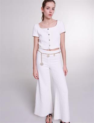 Beyaz Geniş Paça Tüvit Pantolon