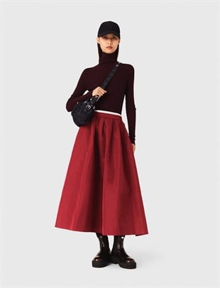 Bordo Pileli Midi Etek