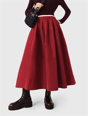 Bordo Pileli Midi Etek