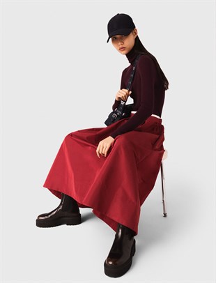 Bordo Pileli Midi Etek