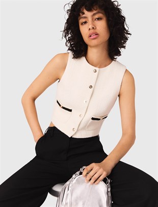 Cep Detaylı Tüvit Crop Yelek