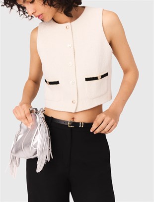 Cep Detaylı Tüvit Crop Yelek