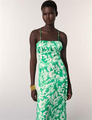 Çiçek Desenli Askılı Midi Elbise