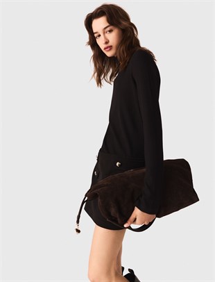 Çift Materyalli Sedef Düğmeli Mini Elbise