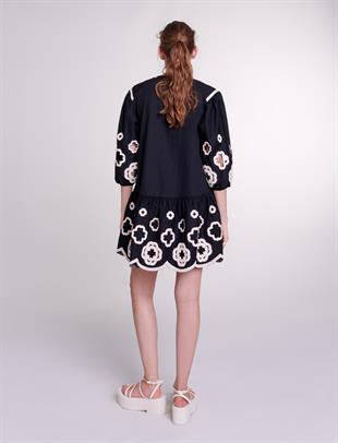 Clover Baskılı Siyah Mini Elbise