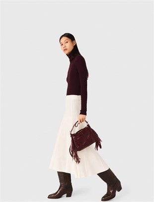 Ekru Pileli Midi Triko Etek