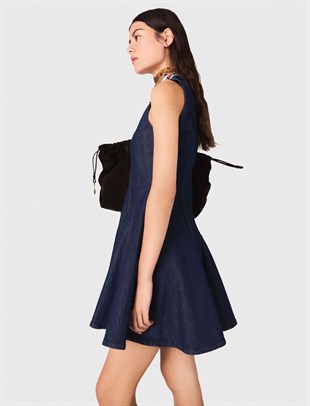 Etek Ucu Pileli Mini Denim Elbise