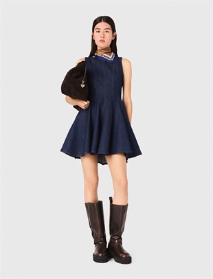 Etek Ucu Pileli Mini Denim Elbise