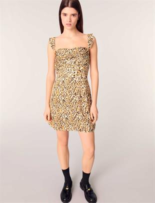Fırfır Askılı Leopar Mini Elbise