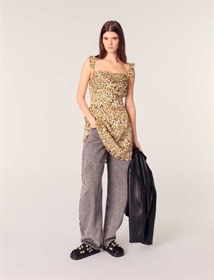 Fırfır Askılı Leopar Mini Elbise