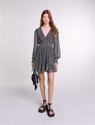 Floral Desen Volan Detaylı Mini Elbise