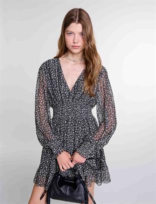 Floral Desen Volan Detaylı Mini Elbise