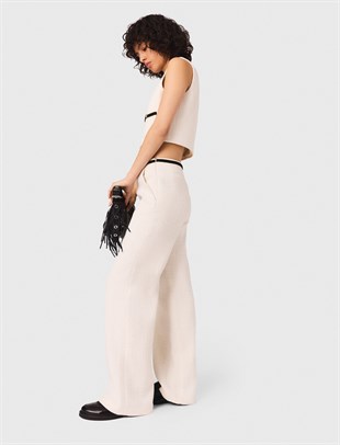 Geniş Paça Ekru Triko Pantolon