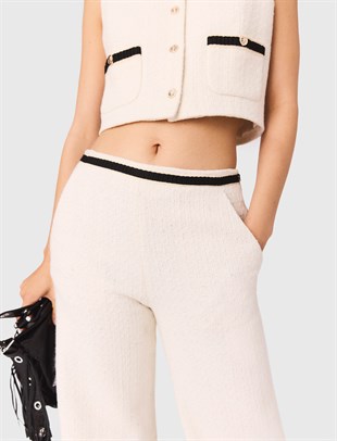 Geniş Paça Ekru Triko Pantolon