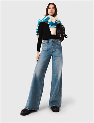 Geniş Paça Eskitme Görünümlü Jean Pantolon