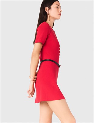 Gold Düğmeli Kırmızı Triko Mini Elbise