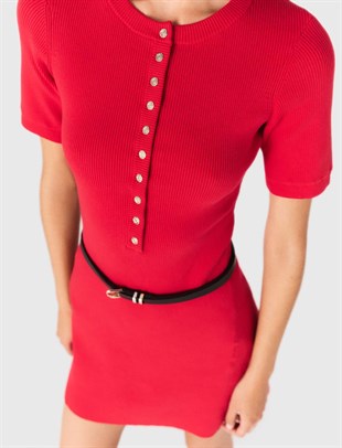 Gold Düğmeli Kırmızı Triko Mini Elbise