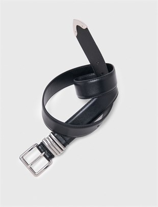 Gümüş Tokalı Siyah Deri Kemer