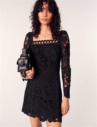 Güpür işlemeli siyah mini elbise