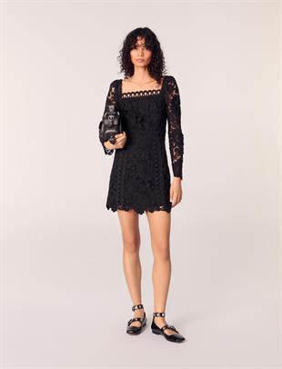 Güpür işlemeli siyah mini elbise