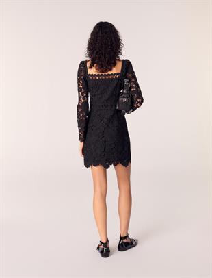 Güpür işlemeli siyah mini elbise