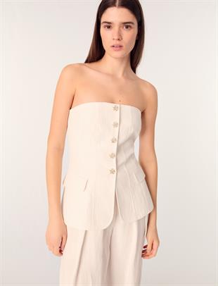 İnci Düğmeli Straplez Bluz